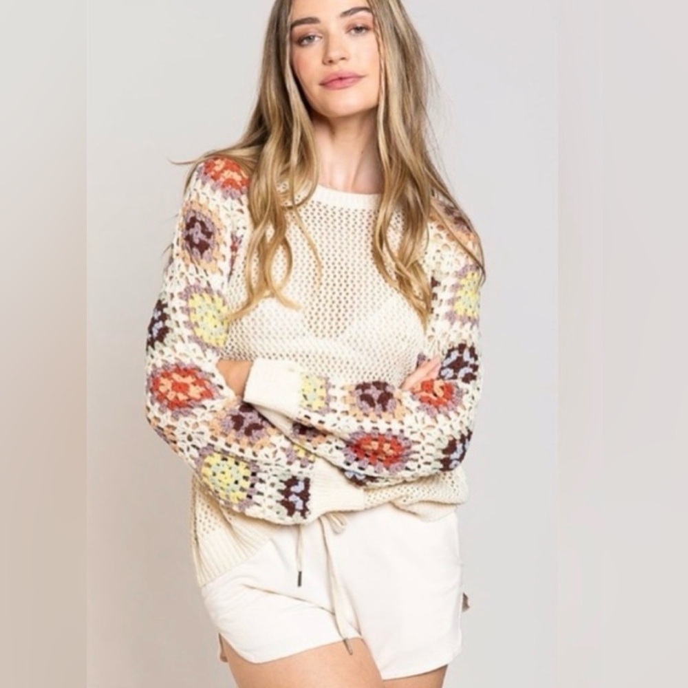 POL Sm Grandmacore Fisherman Crochet Thick Granny Squares Raglan Sleeve  Sweater